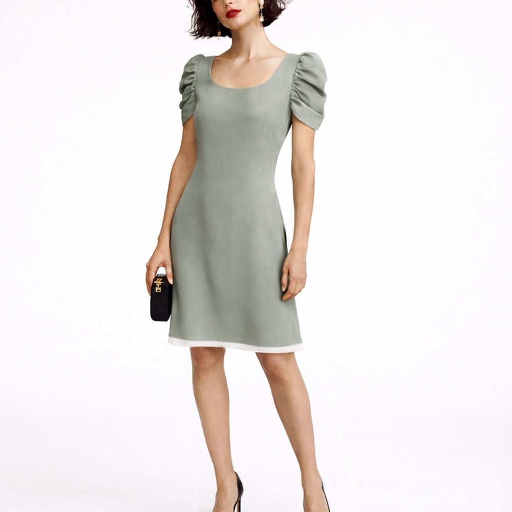 Theory Avanon Gauzy Silk Dress Sage Khaki with attached slip
